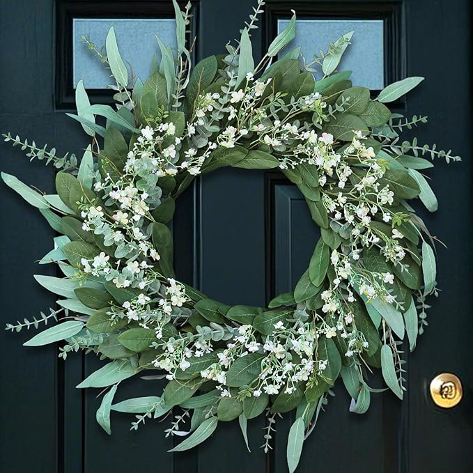 26'' Eucalyptus and Babys Breath Flowers Wreath for Front Door - Large Artificial Greenery Outdoo... | Amazon (US)
