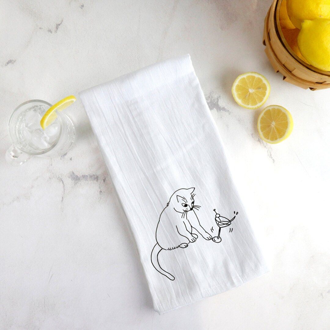 cat tea towel | spilled martini  tea towel | cat mom gift | cat lady gift | martini lover gift | Etsy (US)