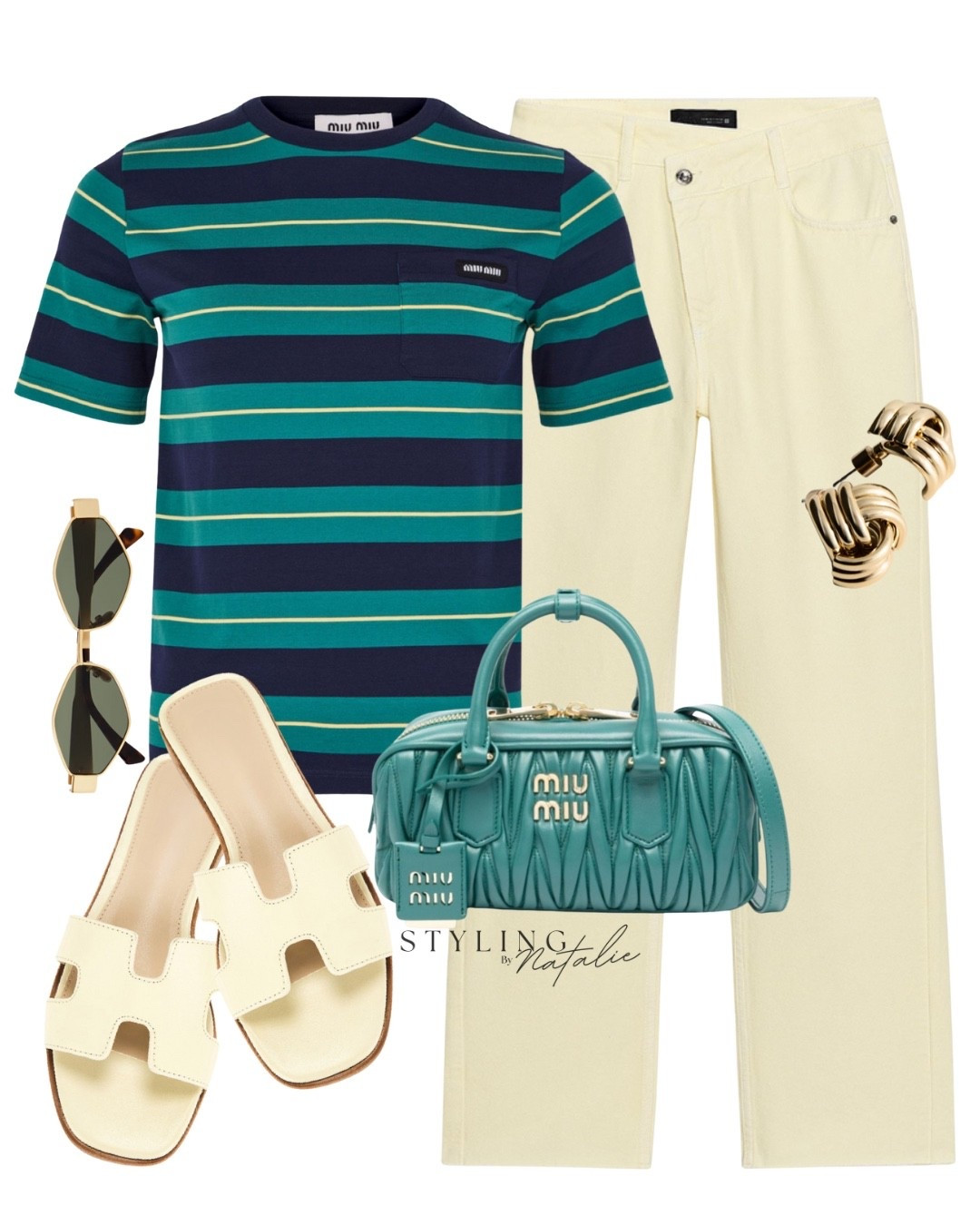 Miu Miu stripe T-shirt, yellow jeans with crossover waist, Miu Miu bag, yellow sandals & gold accessories. Summer look, casual outfit, stripes, slides, zara, designer tee. 

#LTKstyletip #LTKeurope #LTKsummer