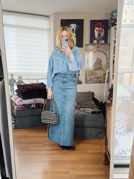 I thought I was going to feel
Sister wife-ish in a denim maxi skirt but I don’t. As someone who isn’t a very skirt or dress person, I actually really love it.
Shoes and shirt secondhand.
•
.  #winterLook  #StyleOver40  #doubledenim  #vintageLevis #balletflats #miumiu  #poshmarkFind #thriftFind #secondhandFind #FashionOver40  #MumStyle #genX #genXStyle #shopSecondhand #genXInfluencer #WhoWhatWearing #genXblogger #secondhandDesigner #Over40Style #40PlusStyle #Stylish40s #styleTip  #HighStreetFashion #StyleIdeas

#LTKSeasonal #LTKstyletip #LTKshoecrush