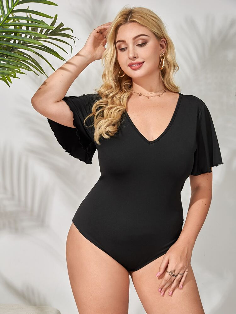 Plus Butterfly Sleeve Solid Tee Bodysuit | SHEIN