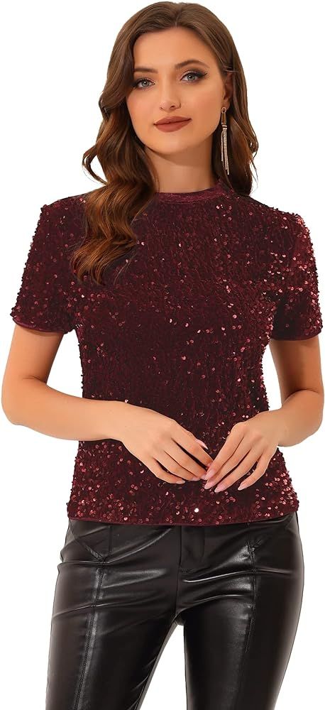 Allegra K Sequin Top for Women's Velvet Crew Neck Short Sleeve Party Clubwear Blouse | Amazon (US)