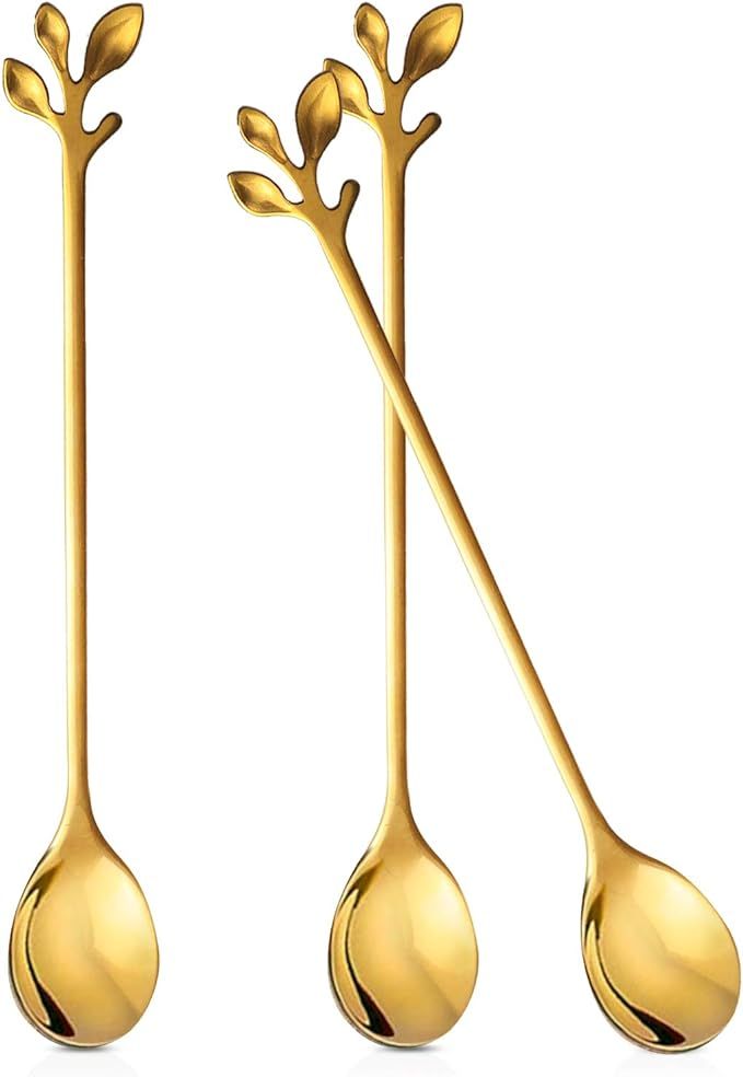 ANYI16 Long Handle Tea Coffee Spoons Set, 7.5" Stainless Steel Gold Leaf Teaspoons for Iced Tea, ... | Amazon (US)