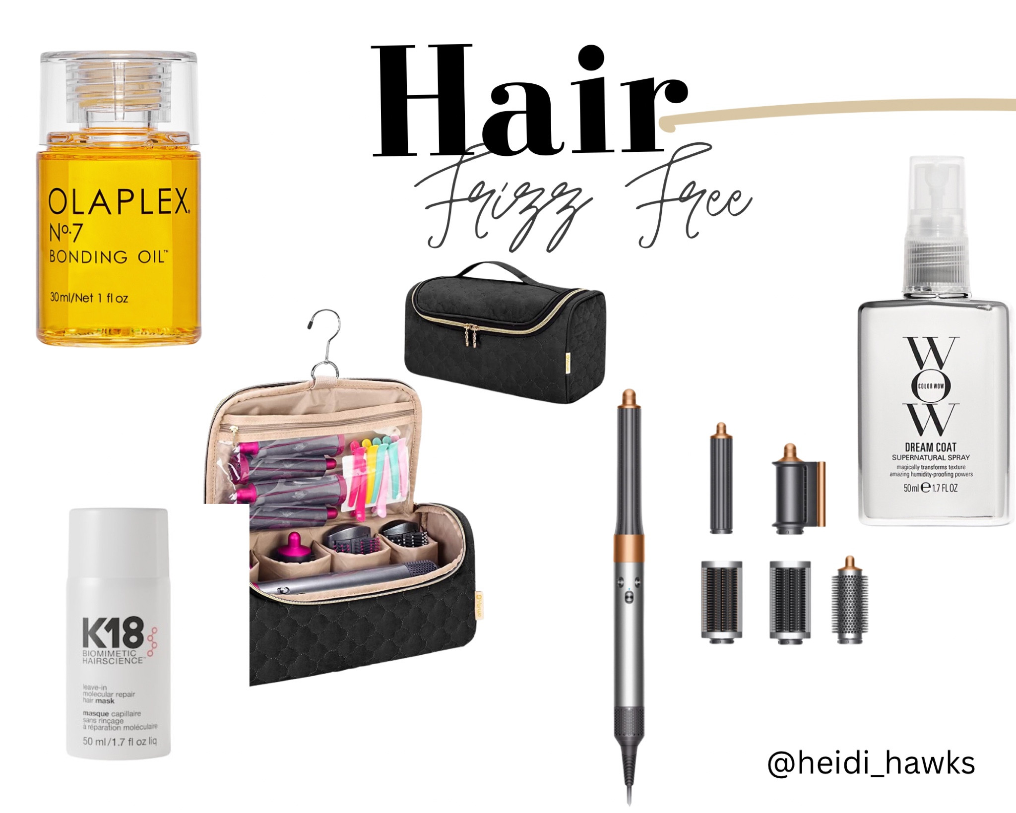 Hair styling for frizz free beach hair. Dyson Airwrap, Amazon travel bag, Olaplex, k18