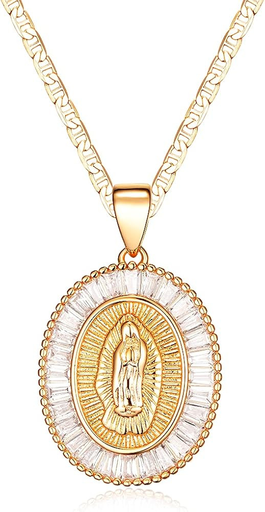 Barzel 18K Gold Plated Flat Mariner/Marina 060 3MM Chain Necklace With Cubic Zirconia Virgin Mary... | Amazon (US)