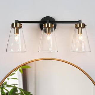 LNC Modern 21 in. 3-Light Black and Brass Bath Vanity Light with Bell Clear Glass Shades Powder R... | The Home Depot