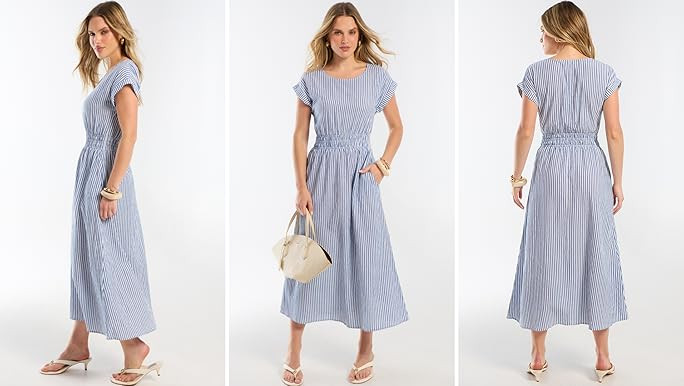 ANRABESS Womens Summer Midi Dress Striped Casual Short Sleeve Crewneck Empire Waist 2026 Flowy Lo... | Amazon (US)