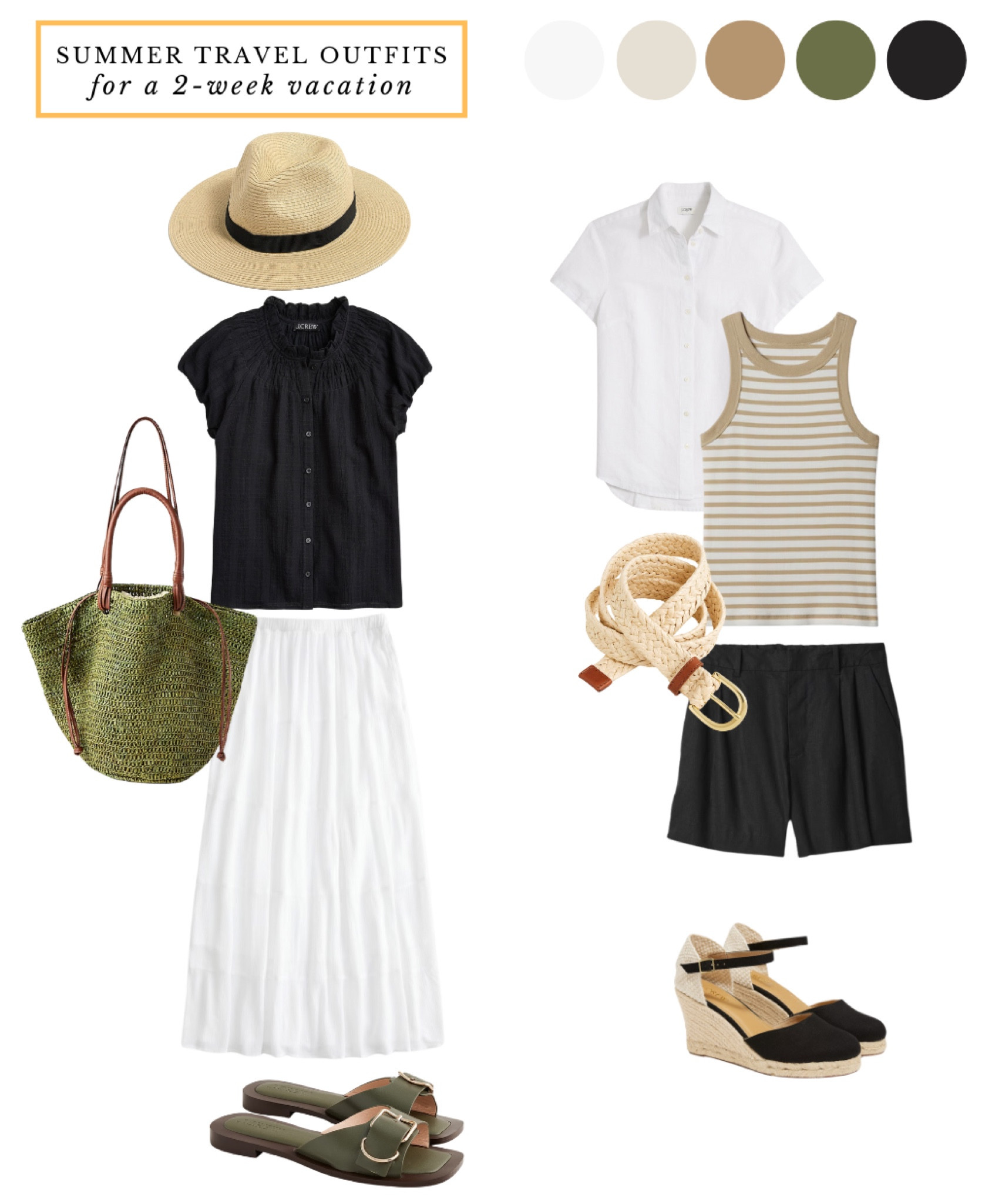 Summer travel outfits, travel, capsule wardrobe, vacation outfit ideas // tiered white skirt, linen shorts, black white olive green 

#LTKtravel #LTKsummer #LTKover50style