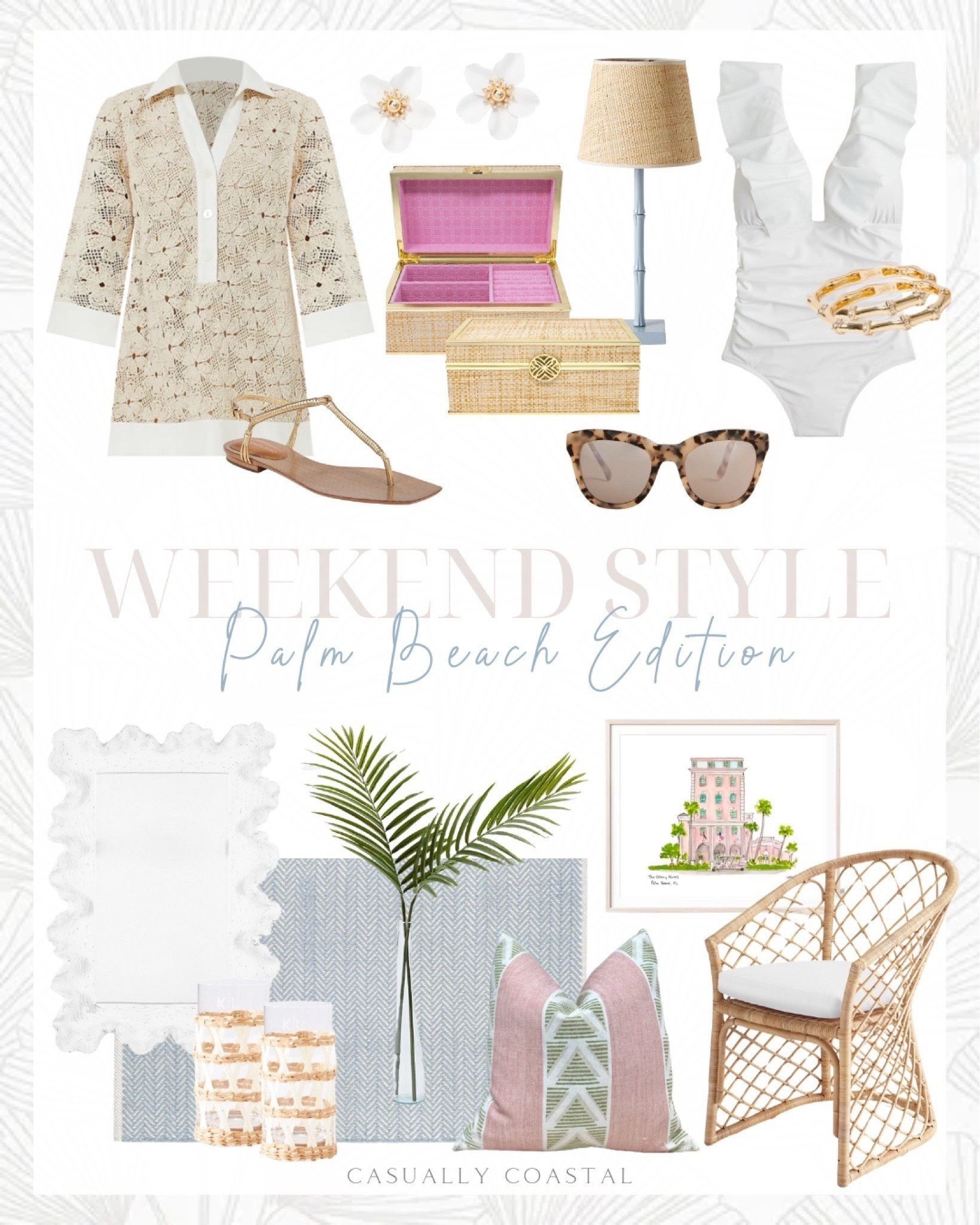 Weekend Style Palm Beach Edition! 🌴 Several items currently on sale!

Also linked the designer “look for less” version of this rattan chair!
——
Coastal Style, coastal home decor, coastal dress, resort wear, palm stems, palm leaves, coastal one piece swimsuit, coastal rug, coastal accent chair, coastal faux plant, tuckernuck crochet dress, ankle strap sandals, gold sandals, orchid earrings, coastal earrings, Lilly Pulitzer jewelry case, raffia jewelry box, Serena & Lily lamp, coastal table lamp, ruched ruffle one piece swimsuit, white swimsuit, women’s swimsuits, Bambu bracelet, cabana oversized sunglasses, rectangular mirror, white mirror, coastal mirror, bathroom mirrors, entryway mirrors, herringbone blue rug, Annie selke rug, 5x8 coastal rug, faux green palm leaf branch, raffia wrapped highball glass, coastal drinking glasses, Etsy pillows, coastal pillows, pink and green accent pillow, palm beach artwork, coastal artwork, Etsy artwork, Serena & Lily rattan dining chair, coastal dining chair, rattan dining chair, accent chair, coastal chandelier, Palm Beach Living book, resort wear, Amazon coffee table books, bracelet stack, gold bangle bracelets 


#LTKFindsUnder100 #LTKHome #LTKSaleAlert