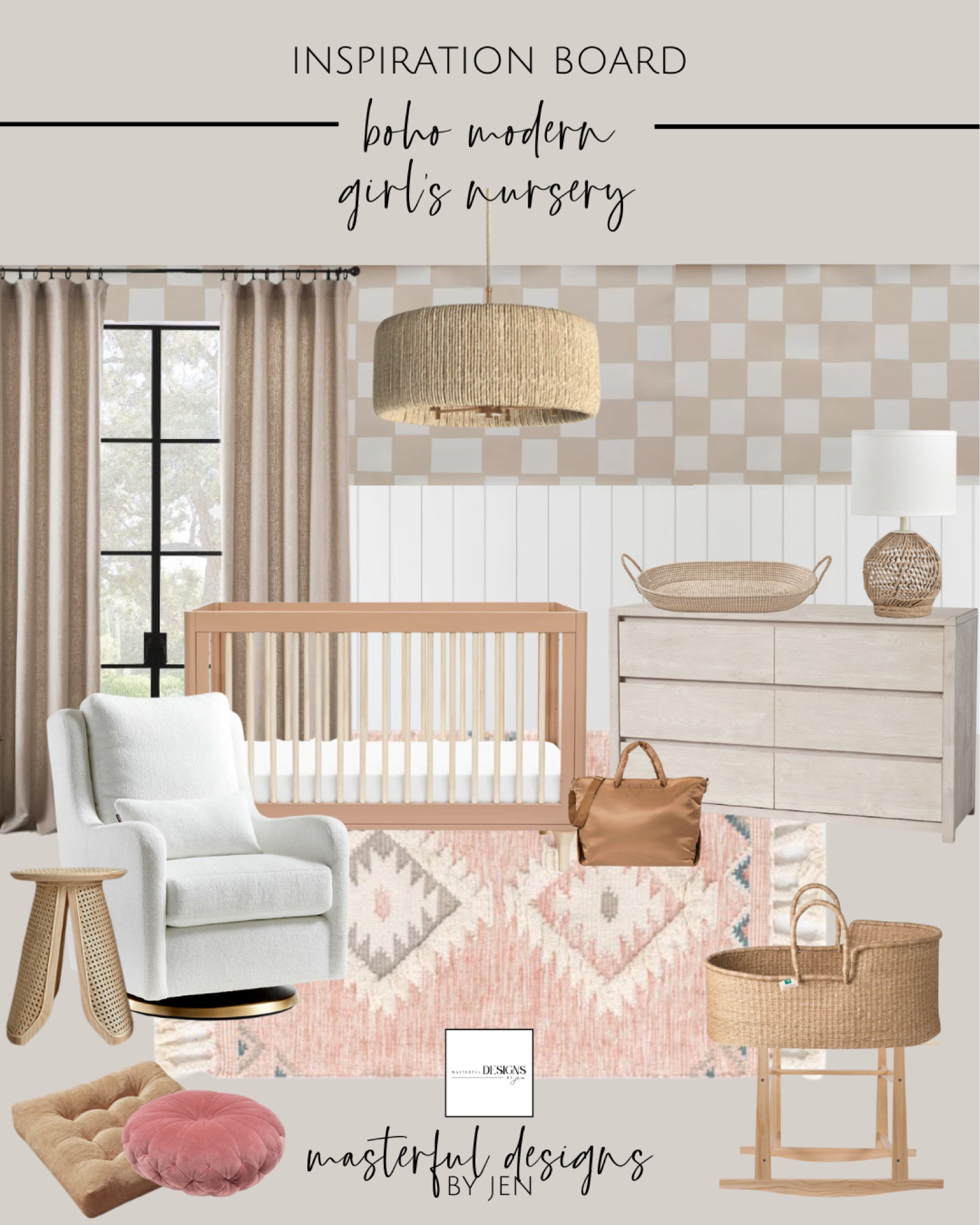 Boho modern baby girl nursery, crib, modern, casual, rattan, lighting, area rug, dresser, rocking chair, nursery, baby, nursery decor, changing table, changing basket, table lamp, side table, woven, natural, floor pillow, wallpaper, beadboard, diaper bag, weekender bag, bassinet, curtains

#LTKfamily #LTKbump #LTKhome