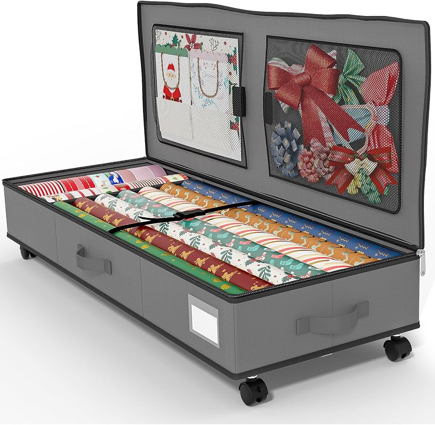GoMaihe Wrapping Paper Storage with Wheels: Fits 41" Under-bed Gift Wrap Organizer & Container fo... | Amazon (US)
