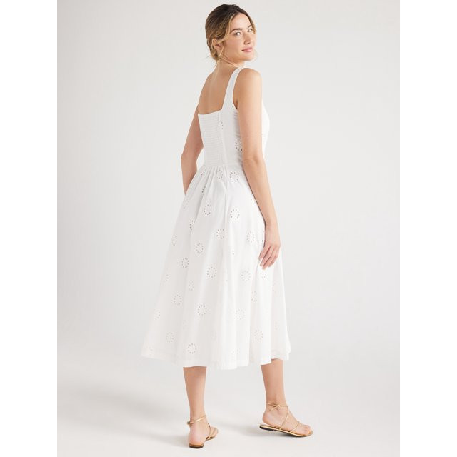 Free Assembly Women's Cotton Sleeveless Square Neck Eyelet Midi Dress, Sizes XS-XXL | Walmart (US)
