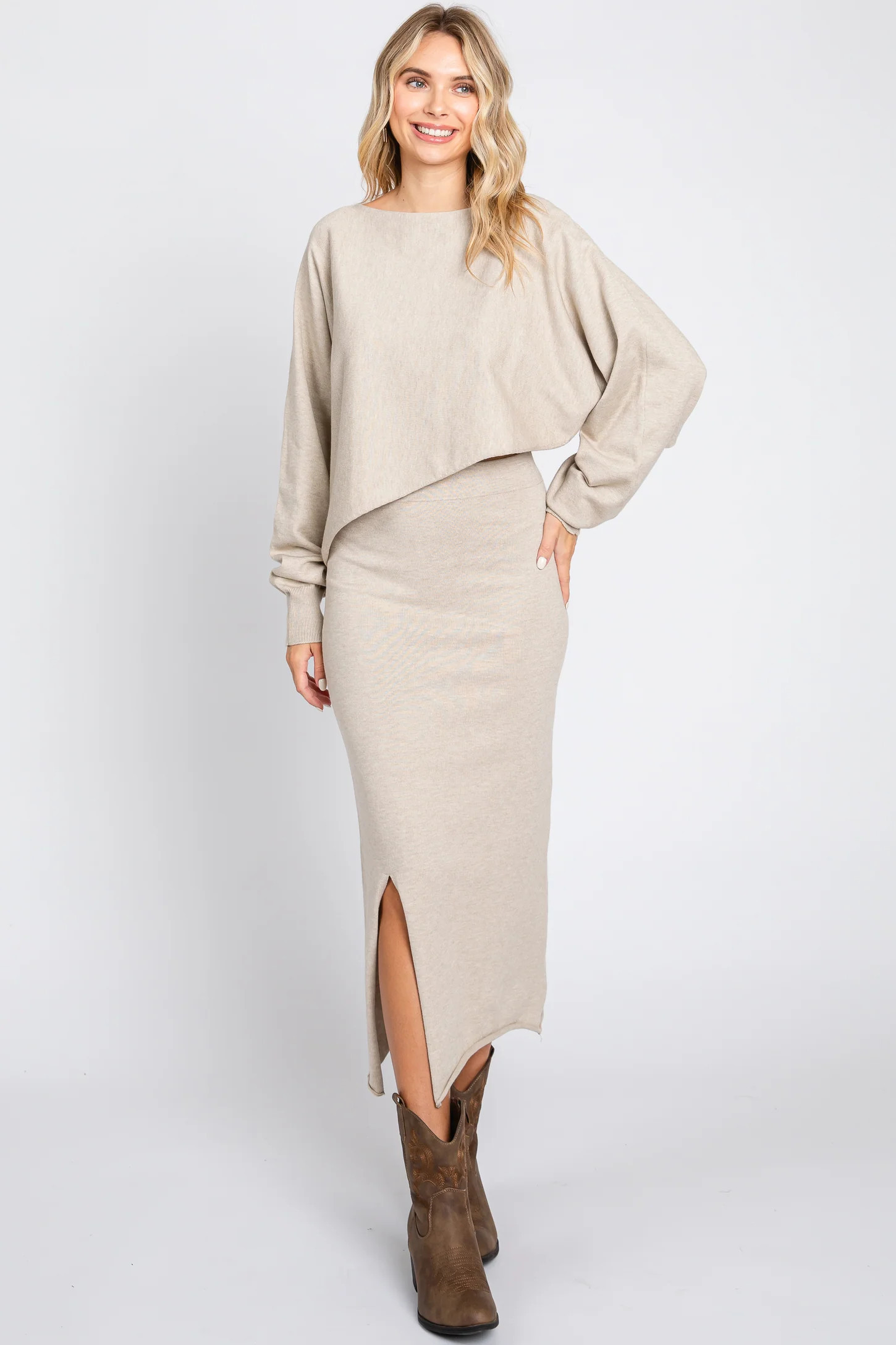 Beige Knit Long Sleeve Crop Top Maternity Midi Skirt Set | PinkBlush Maternity