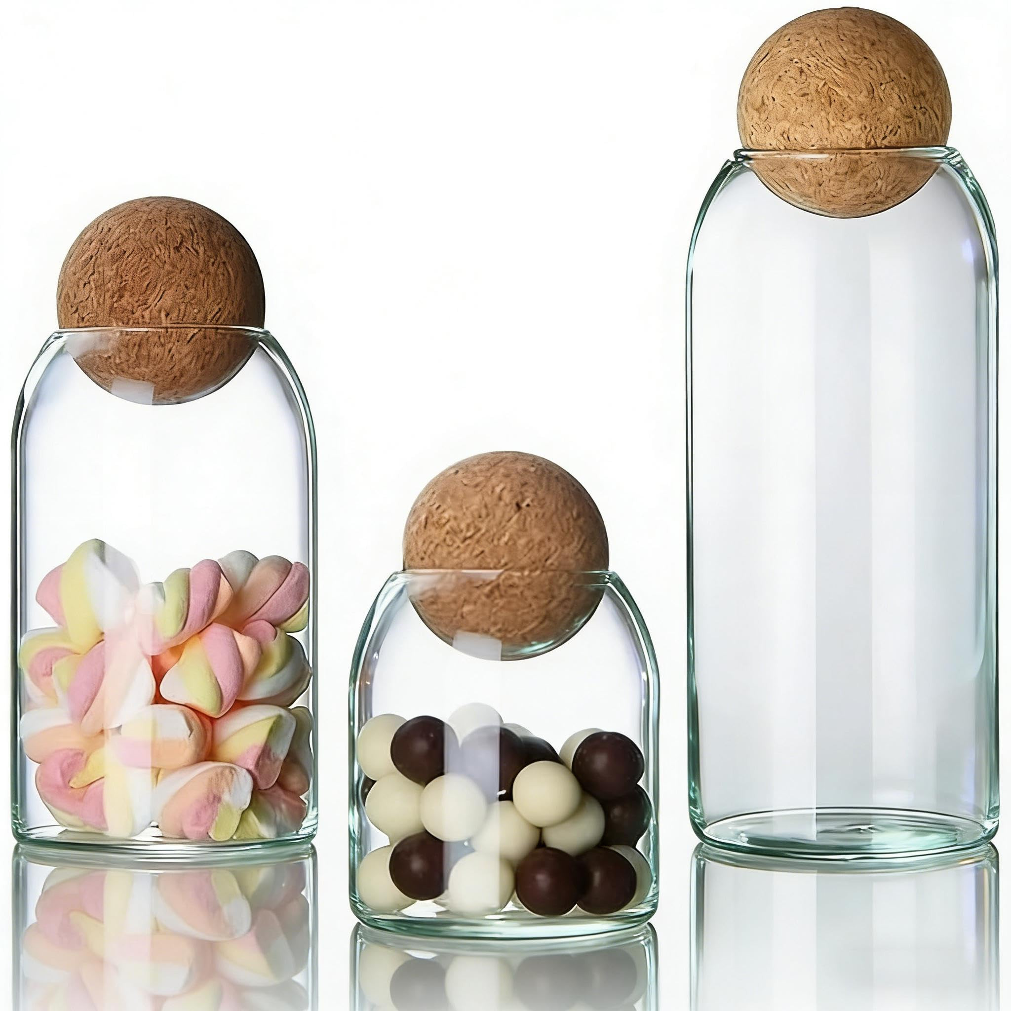 Glass Storage Jars with Ball Cork Lids - 3 Pcs Set, Decorative Round Glass Canisters, Wood Ball L... | Amazon (US)