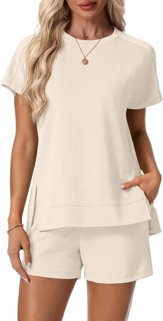 Lepunuo 2 Piece Short Sets for Women Summer Outfits Short Sleeve Tops Elastic Waist Shorts Lounge... | Amazon (US)