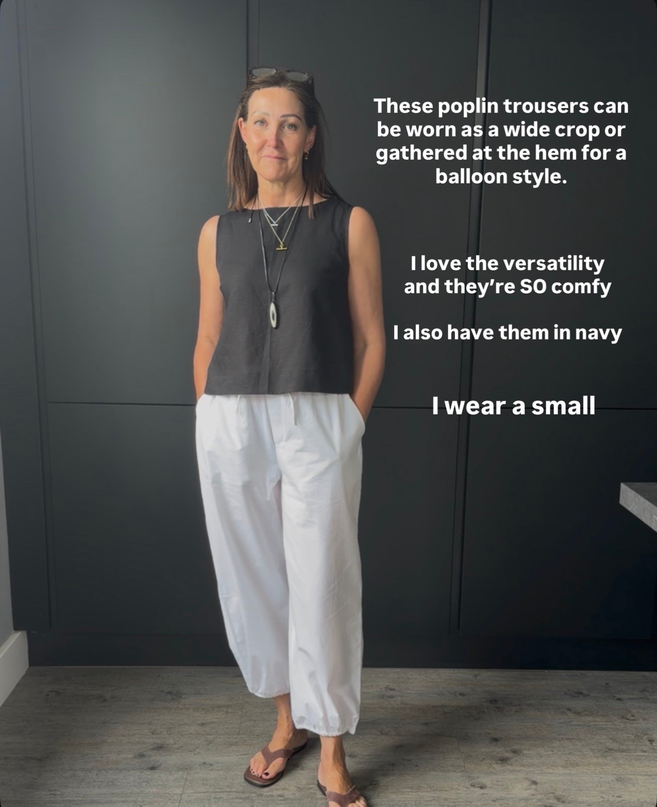 I love versatility and these trousers are the ideal summer piece for getting two looks for one. There’s a drawstring at the hem so you can wear them as a wide crop of balloon style. Two for the price of one! 
I wear a small x