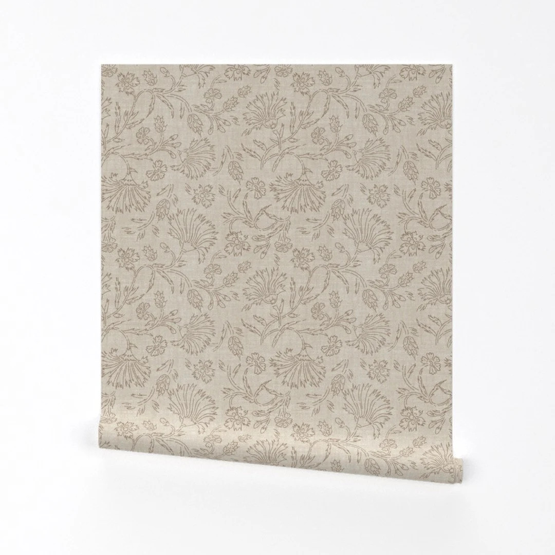 Boho Taupe Floral Wallpaper Kalami Simple by Holli_zollinger Bohemian Neutral Removable Peel and ... | Etsy (US)