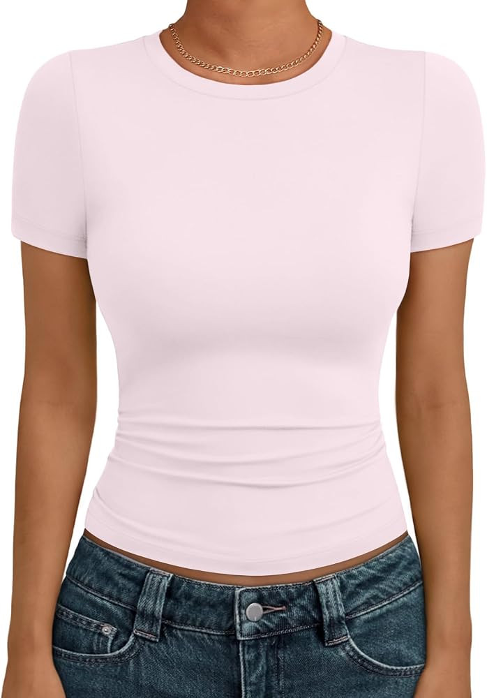 AUTOMET Women's Crewneck Short Sleeve T-Shirt Sexy Slim Fit Basic Going Out Tops | Amazon (US)