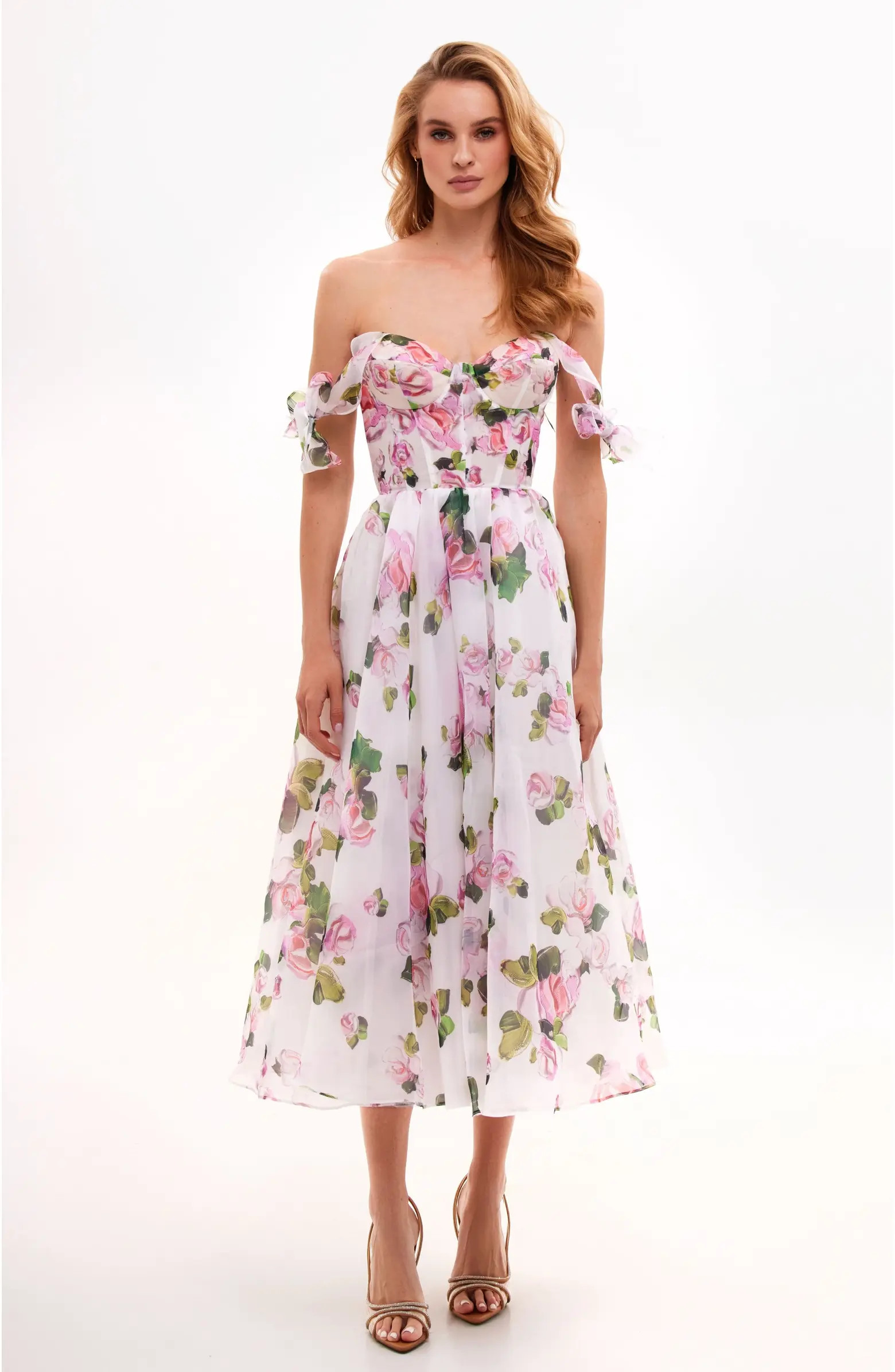 A-Line Satin Floral Midi Dress with Tie Straps for Cocktail Events | Nordstrom