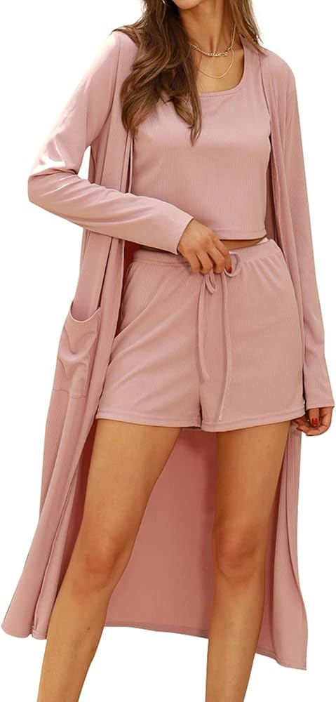 GRACE KARIN Womens 3 Piece Loungewear Set Crop Vest High Waist Shorts and Long Cardigan Pajamas S... | Amazon (US)