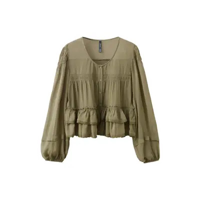 MANGO Ruffled Lace Trim Top in Green at Nordstrom, Size 6 | Nordstrom