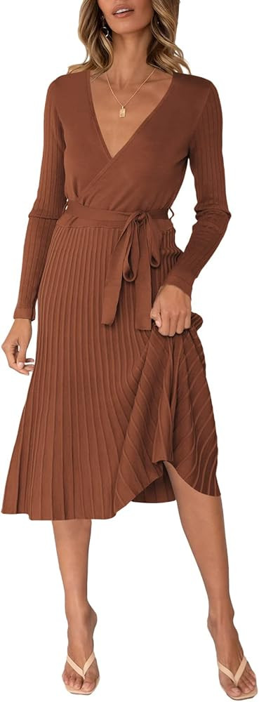 Pink Queen Women's Wrap Sweater Dress V Neck Long Sleeve Ribbed Swing Knit Midi Dresses with Belt | Amazon (US)