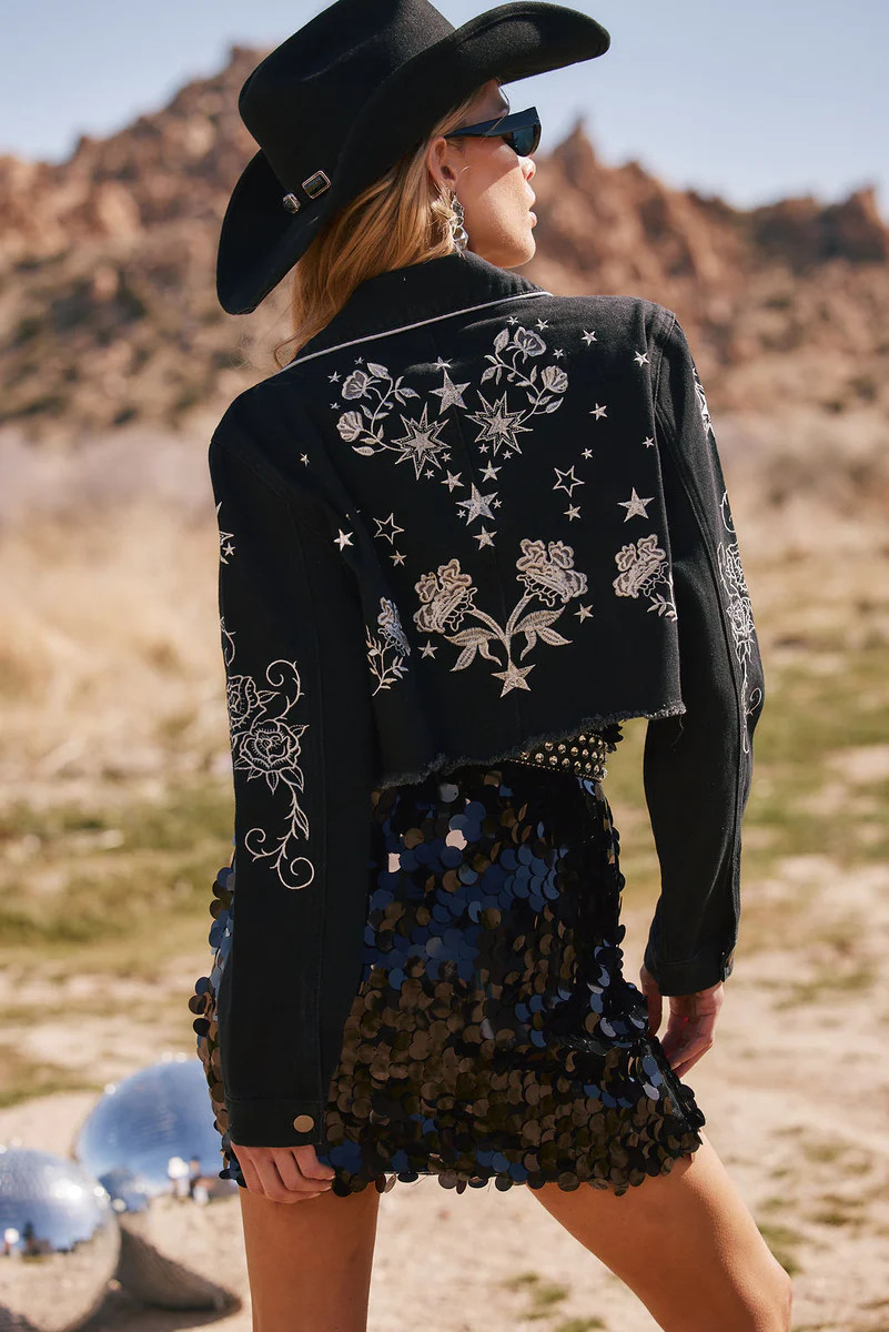 Gracelyn Black Embroidered Cropped Jacket | 12th Tribe