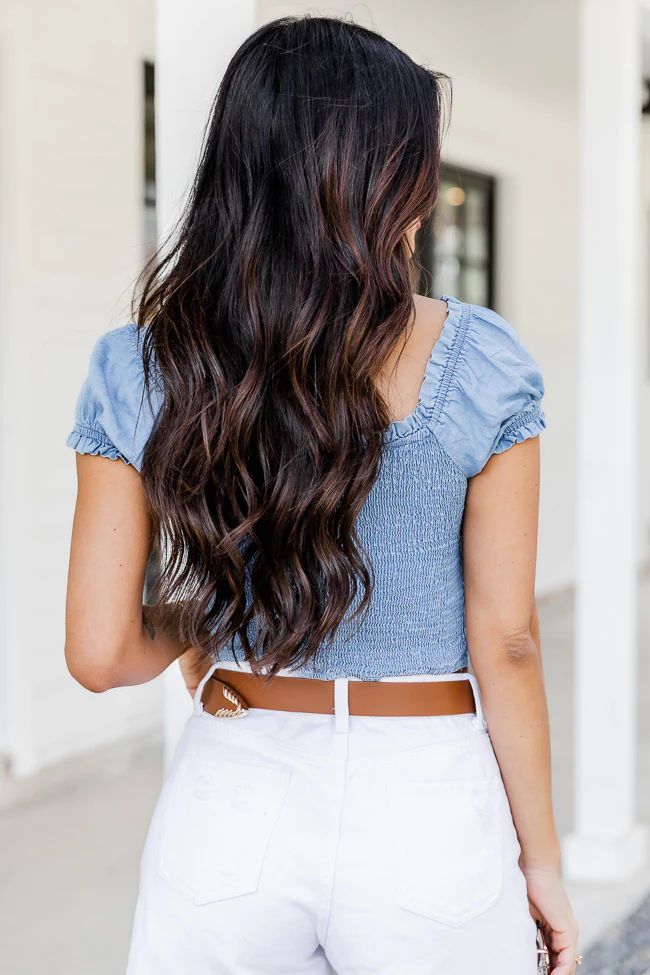 Dance With A Cowboy Blue Chambray Cropped Smocked Back Blouse | Pink Lily