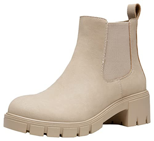 Jeossy Womens Chelsea Ankle Boots, Platform Chunky Low Heel Slip on Booties, Lug Sole Fashion Short Boots, 9606 - Beige, Size 11 (DJY9606 Beige 11) | Amazon (US)