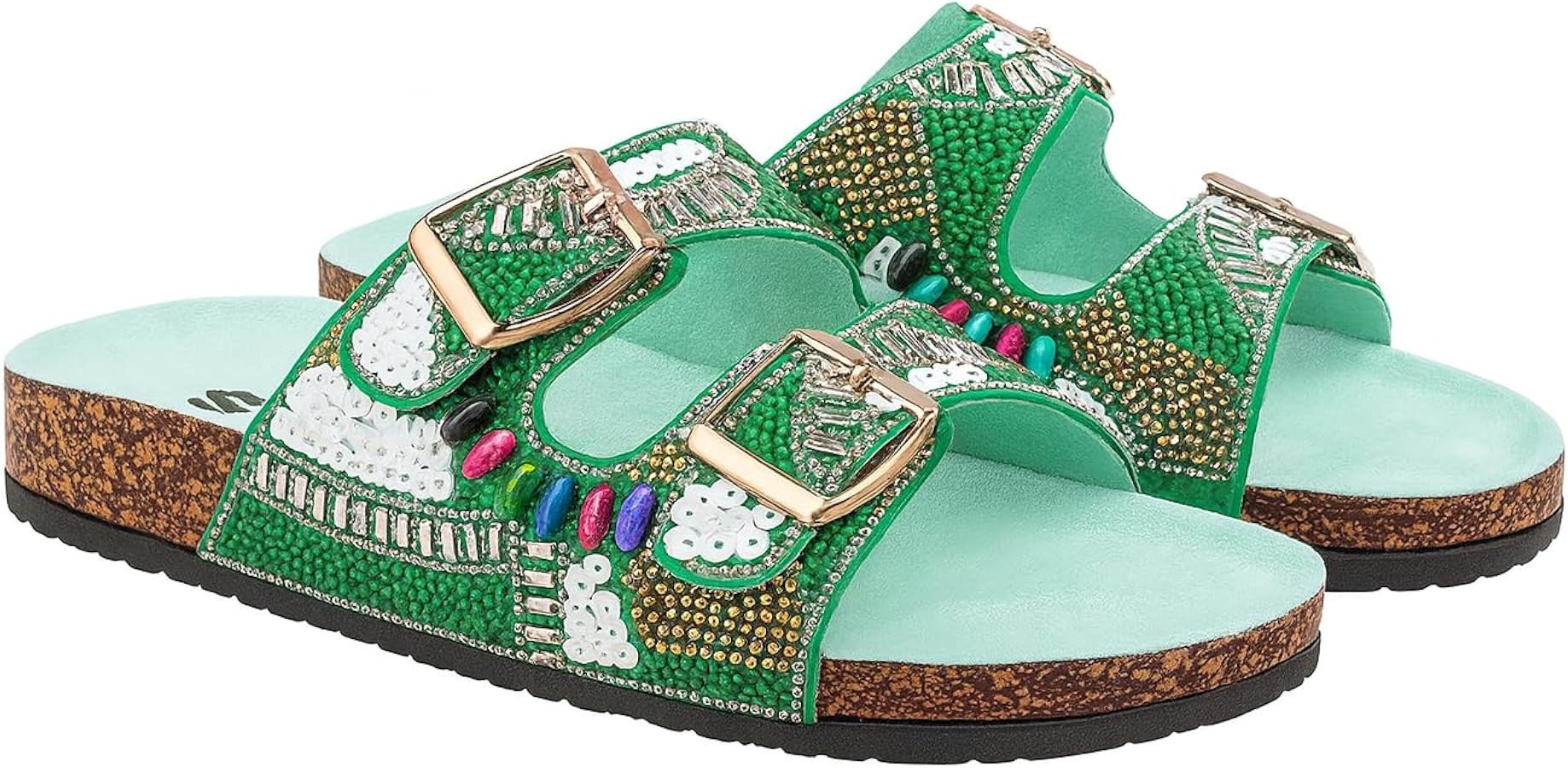 Women's Fancy Beaded Slide Sandals with Buckle Straps | Handmade Sequin Embellished Slip-On Sanda... | Amazon (US)