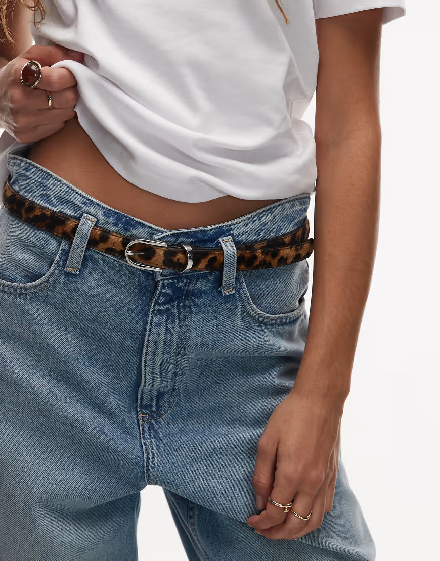 ARKET leather hairy thin belt with gold buckle in brown leo print | ASOS (Global)