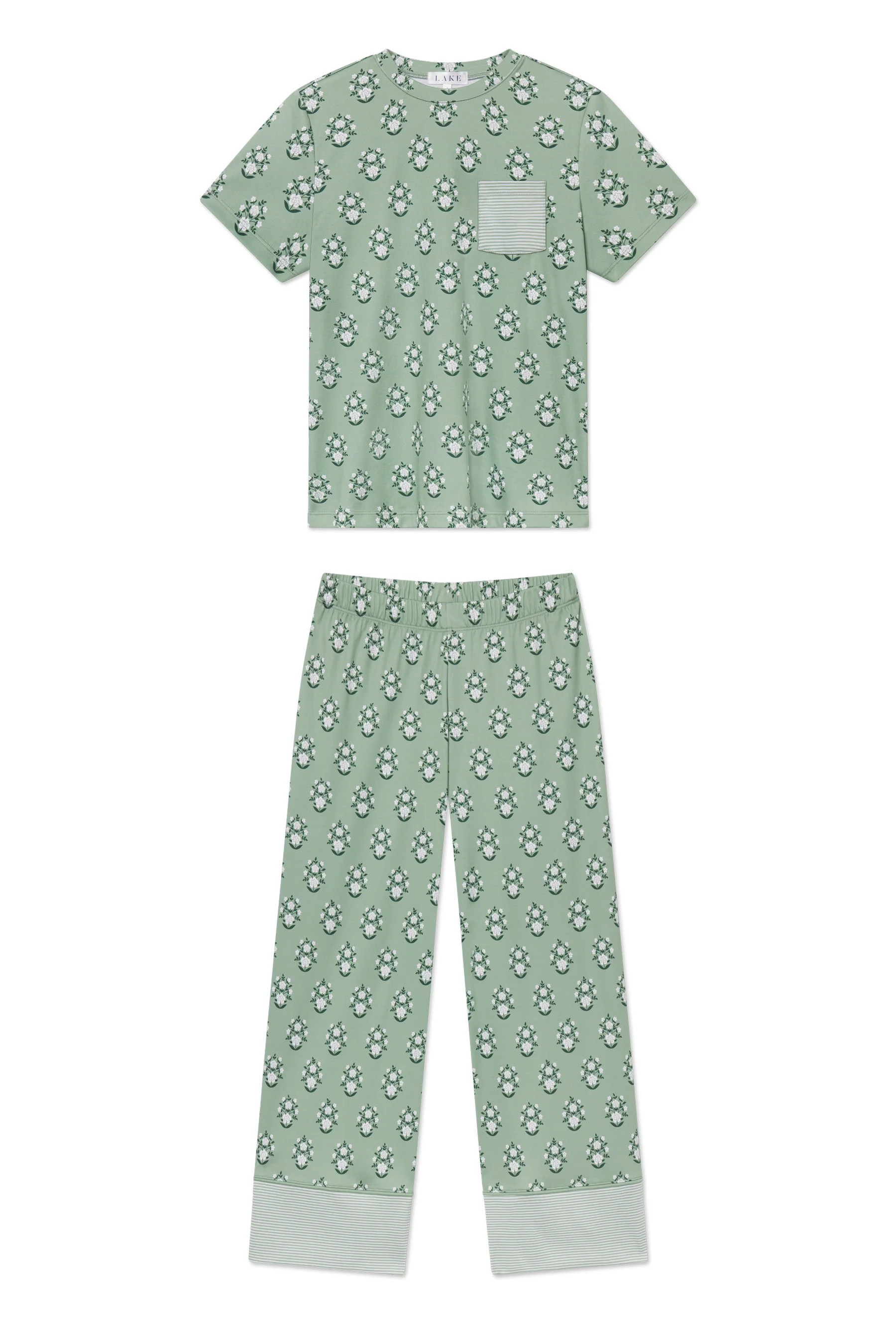 Pima Crew Wide Leg Pajama Set in Granite Green Cottage Floral | Lake Pajamas