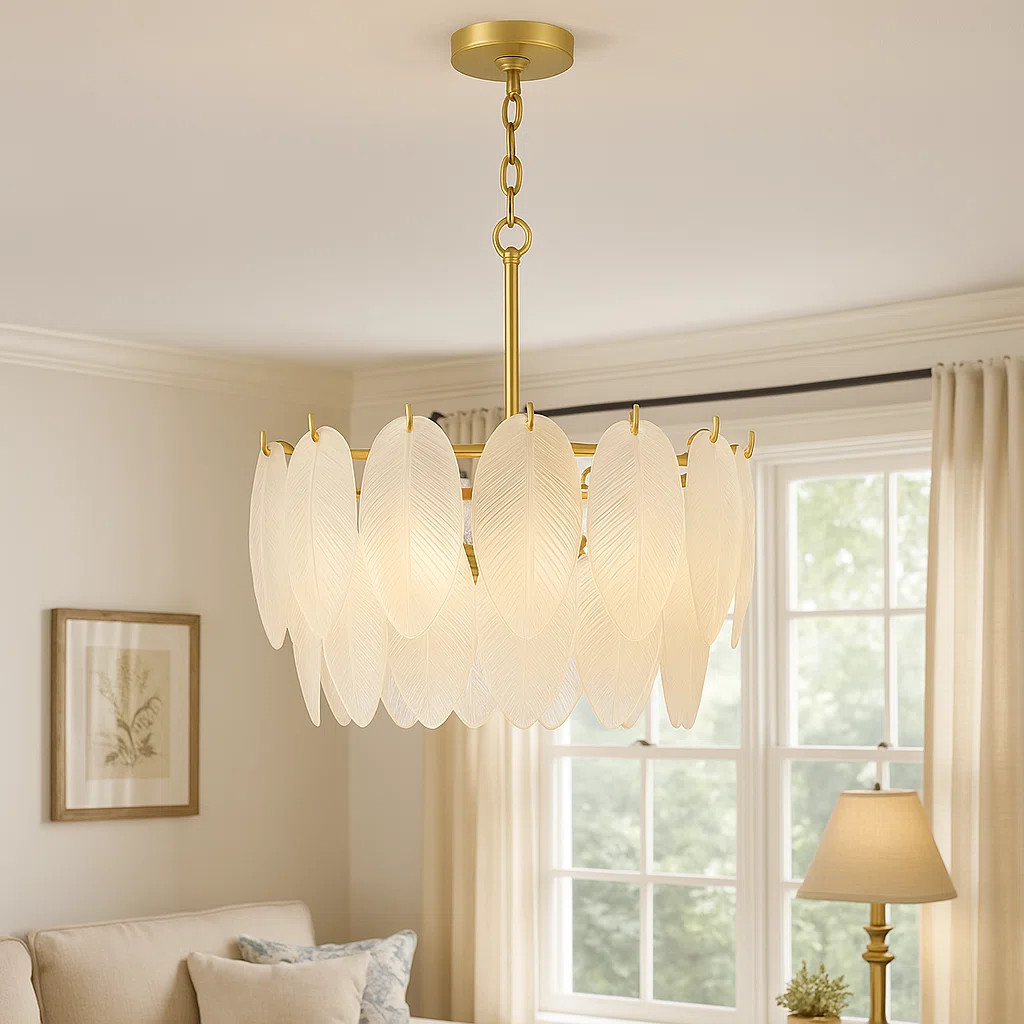 4 - Light Dimmable Leaf Glass Drum Chandelier with Brushed Gold Finish for Dining Room & Entryway | Wayfair North America