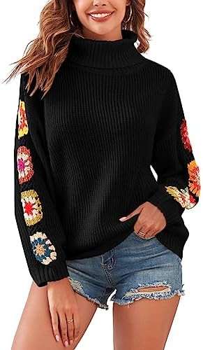 ZAFUL Flower Crochet Turtleneck Sweater for Women Pullover Puff Long Sleeve Boho Knit Sweaters Tr... | Amazon (US)