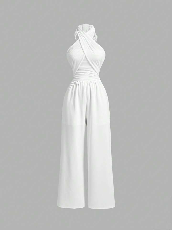 SHEIN MOD Ladies' White Knitted Elasticized Ruched Halter Wide Leg Jumpsuit, Women Rompers,Women ... | SHEIN