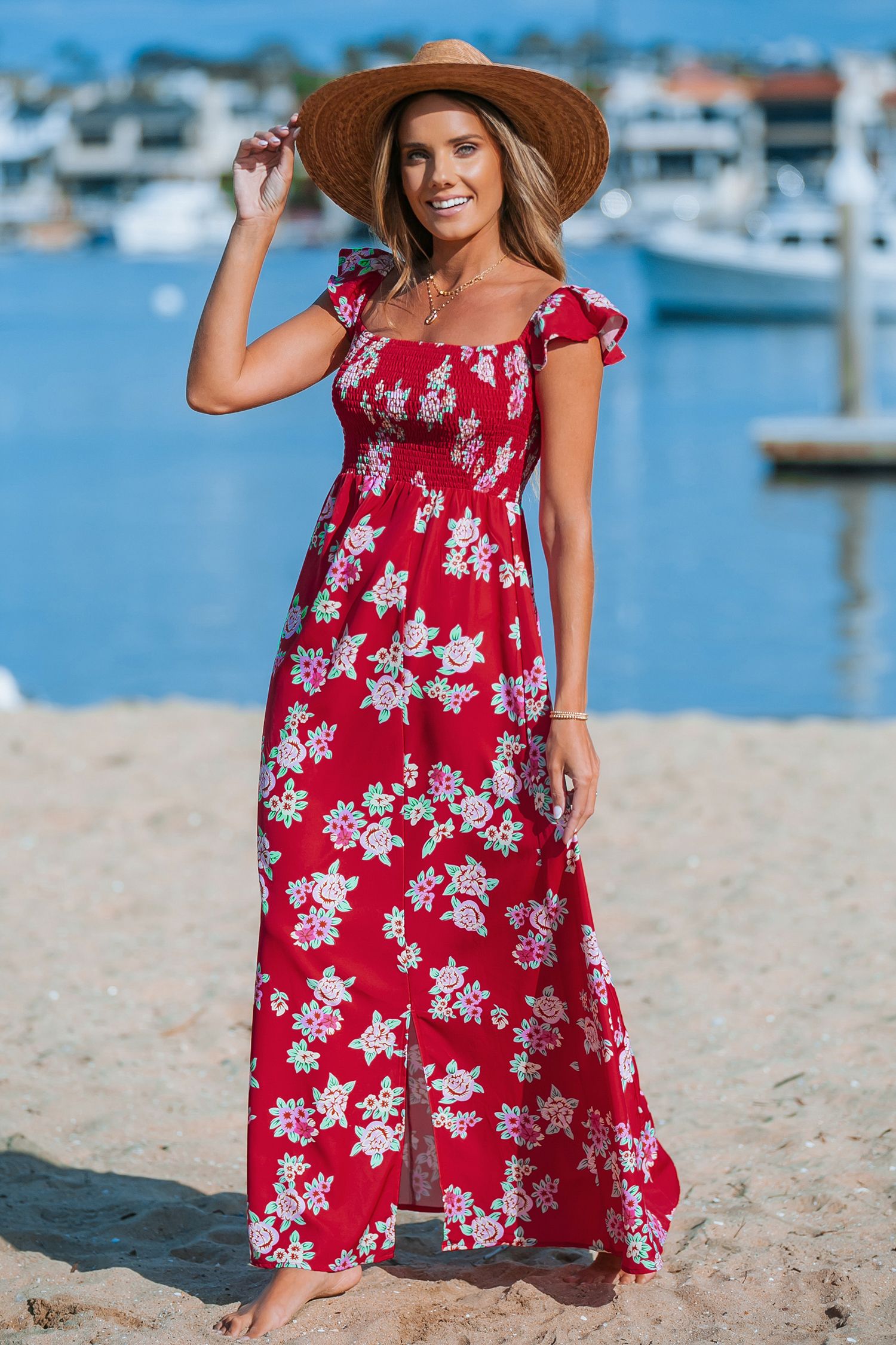 Red Floral Off-Shoulder Flutter Sleeve Maxi Dress | Cupshe US