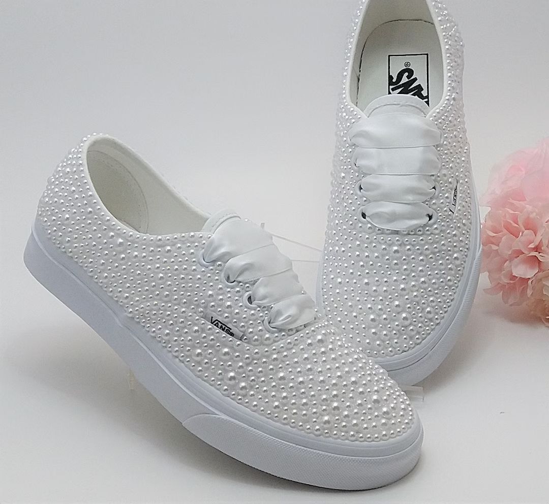 Lace up White Pearls Wedding Vans / Wedding Vans Sneakers for Bride / White Pearls Vans Sneakers/... | Etsy (US)
