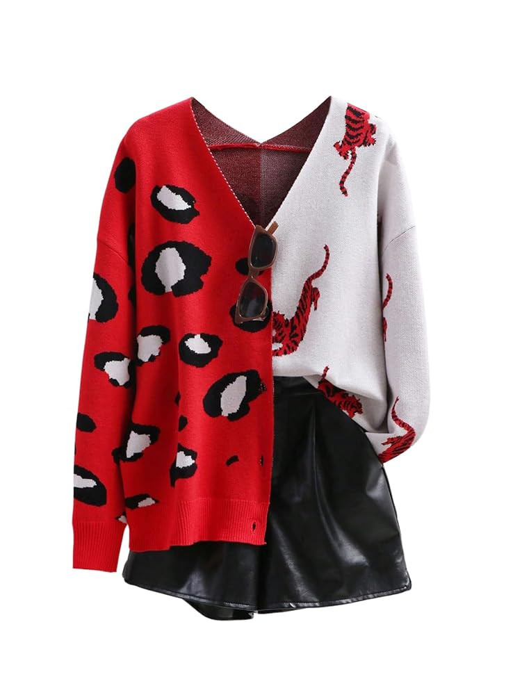 WDIRARA Women's Leopard Tiger Print Cardigan V Neck Long Sleeve Color Block Button Down Sweater O... | Amazon (US)