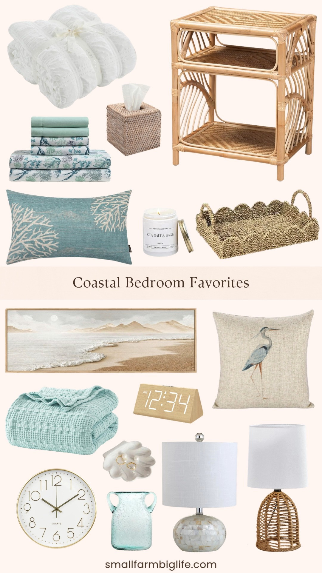 2:17 PMClaude responded: If you have been dreaming about a coastal bedroom refresh this round up has everything you need to make it happen.If you have been dreaming about a coastal bedroom refresh this round up has everything you need to make it happen. I love the combination of natural rattan and woven textures with soft aqua blues and coral accents for a look that feels relaxed and beachy without being too themed. The seersucker cooling comforter and waffle weave blanket are both beautiful and practical for warm summer nights, and the rattan nightstand and woven tissue box cover add that organic texture that makes a coastal bedroom feel so pulled together. The capiz shell mosaic lamp and mini rattan lamps are such pretty lighting options and the framed coastal wall art, seagrass tray, and seeded glass vase finish the whole look perfectly. Tap to shop! 

 #LTKSeasonal #LTKHome