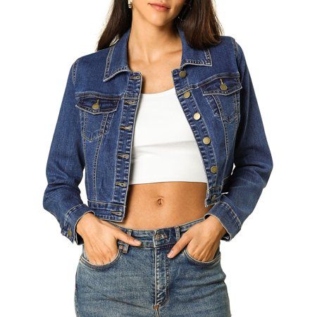 Women's Classic Long Sleeve Button Down Jean Denim Jacket Dark Blue | Walmart (US)