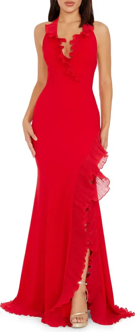 Dress the Population Kathleen Ruffle Halter Gown with Train | Nordstrom | Nordstrom