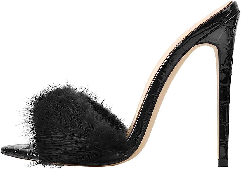 Richealnana Women's Fur Fluffy Mules High Heels | Amazon (US)