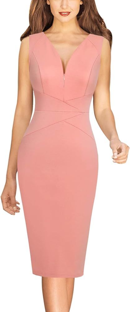 VFSHOW Womens Elegant Slim Front Zipper Work Business Office Cocktail Bodycon Sheath Dress | Amazon (US)