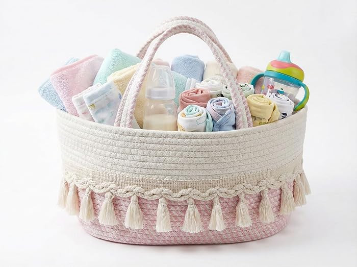 Diaper Caddy Organizer, Stylish Nursery Storage Basket, Baby Shower Basket with Tassel Decorative... | Amazon (US)