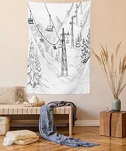 Lunarable Winter Tapestry Queen Size, Ski Lift Fir Trees Monochrome Seasonal Holiday Destination ... | Amazon (US)