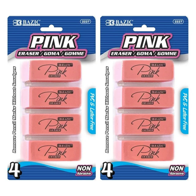 BAZIC Pink Eraser Latex Free Bevel Erasers Block Erasers (4/Pack), 2-Packs - Walmart.com | Walmart (US)