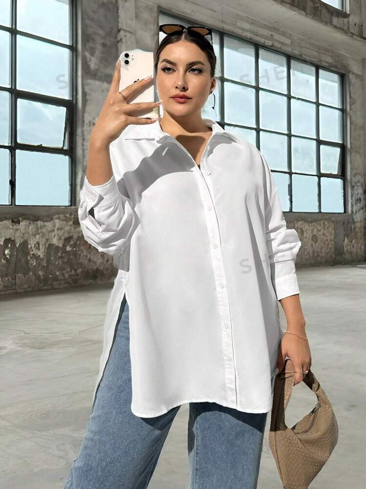 SHEIN Essnce Plus Size Women's Autumn And Winter Casual Loose White Basic Long-Sleeved Button-Dow... | SHEIN