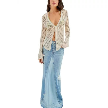 Cathery Women s Bikini Cover Up Crochet Sweater Tops Long Sleeve V Neck Tie-up Front Solid Color Cover-up Knit Cardigan Beige M | Walmart (US)