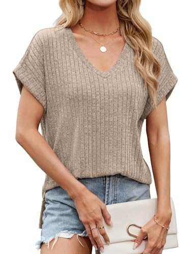 JUSTFASHIONNOW Summer Tops for Women 2026 V Neck Short Sleeve Shirts Dressy Casual Blouses Trendy... | Amazon (US)