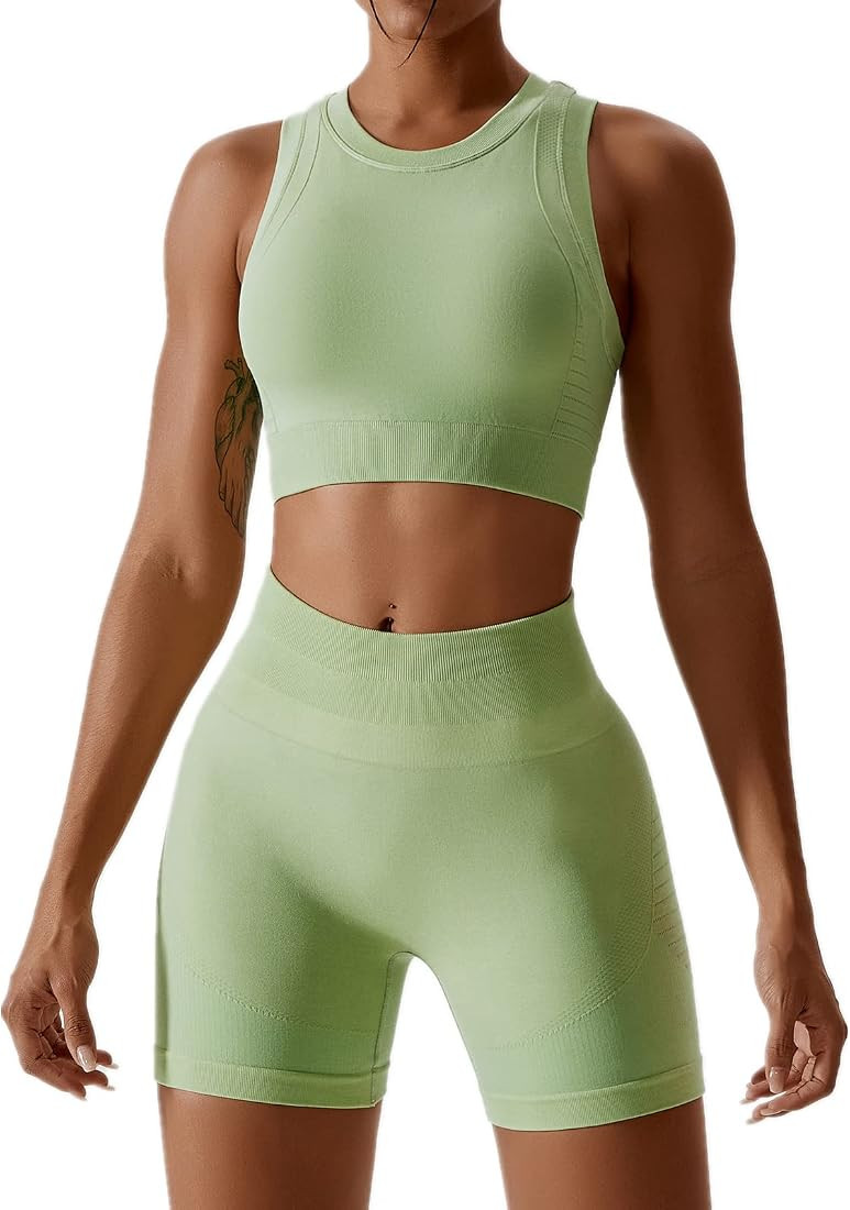 ABOCIW Workout Sets for Women 2 Piece Seamless Ribbed Tank Top Sport Bra High Waist Biker Shorts ... | Amazon (US)